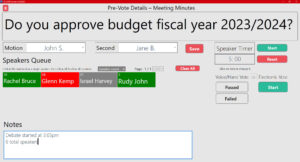 Pre-Vote Screen During Debate - Minute-Taking, Electronic Speakers Queue, Speaker Timer