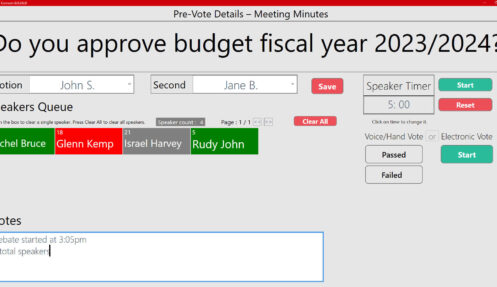 Pre-Vote Screen During Debate - Minute-Taking, Electronic Speakers Queue, Speaker Timer